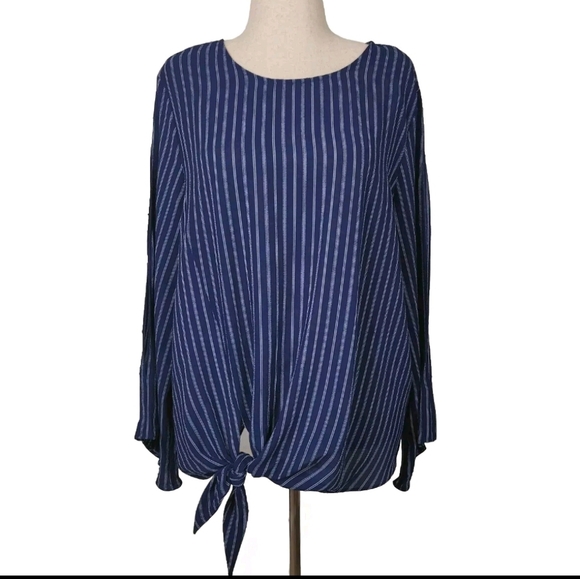 new directions Tops - New Directions women's XL Extra Large Blue Striped Front Tie Long Flared Sleeves